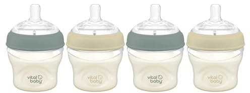 Vital Baby Breast-Like Baby Feeding Bottles 0m+, 150ml, Self-Sterilising in 3 Mins, Triple Anti-Colic Valves, Slow Flow Teats, EarthSmart Biodegradable, BPA-Free, 4 Pack