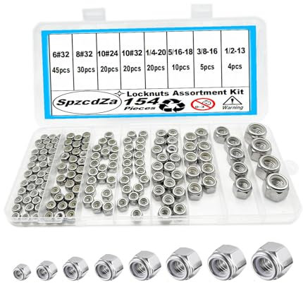154PCS Locknuts Assortment Kit,6#32 8#32 10#24 10#32 1/4-20 5/16-18 3/8-16 1/2-13 SAE Lock Nuts,304 Stainless Steel Nylon Insert Hex Lock Nuts