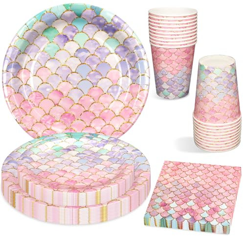 80 Piezas Vajilla para Fiesta de Sirena, 20 Invitados Rosa y Morado Platos de Papel de Juego de Fiesta para Niña Platos de Papel Servilletas Tazas