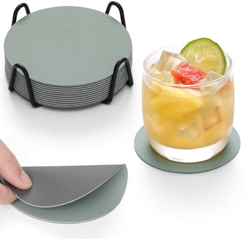 Chitomars Untersetzer Gläser 12er Set, Doppelseitigen Glasuntersetzer Getränkeuntersetzer rutschfest Kunstleder Lederoptik Untersetzer(Grau Salbeigrün,Rund)