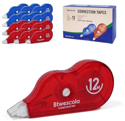 Btwescola Correction Tape, 39.37FT Gift Packed Tear-Resistant Correction Tape, Tape for School, Office, With Roller Adjuster (9747-12pcs)