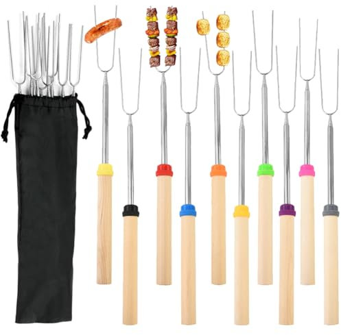 Forchette da barbecue, confezione da 8 bastoncini per arrostire marshmallow, con manico in legno, spiedini estensibili in acciaio inox a forma di U, forchette per hot dog per braciere e barbecue per