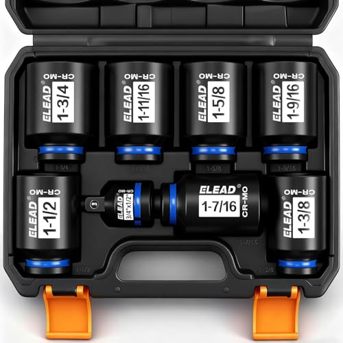 1/2'' Drive Deep Impact Socket Set, 8-Piece SAE Wheel Axle Nut Wrench Large Sockets Standard Adapter 1-11/16 1-9/16 1-3/8 1-7/16 1-1/2 1-5/8 1-3/4 Imperial Spindle Joint Torque Bearing Locknut Truck