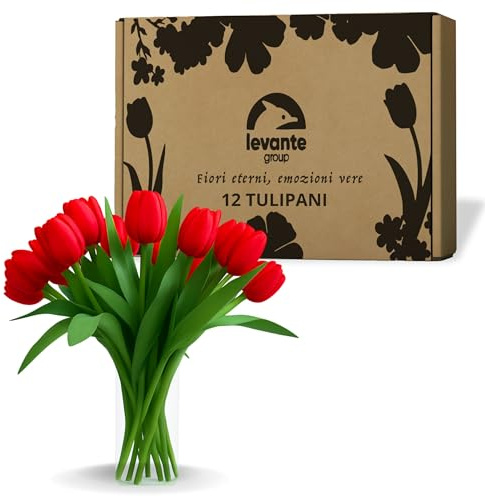 levante group – Tulipani Finti Realistici in Lattice Rosso – 12 pz in Box Regalo – Fiori Artificiali per Casa, Ufficio, Eventi