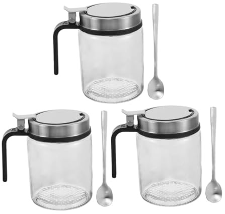 HEALEEP 3sets Stainless Steel Spring Lid Seasoning Bottle Glass Condiment Jar Kitchen Counter Spoon Salt Container Spice Storage Pot for Kitchen
