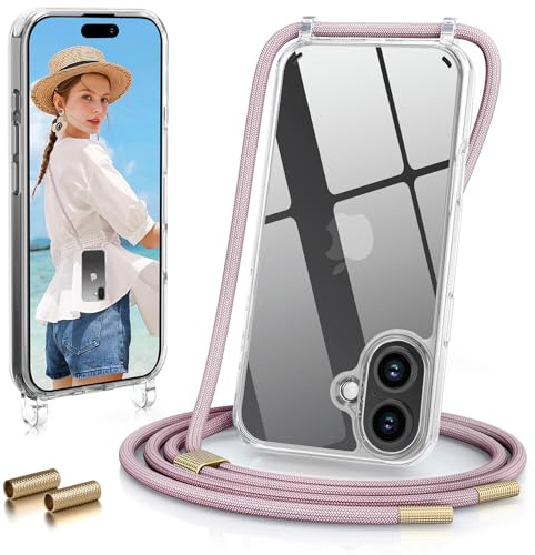 GOODVISH Handykette für iPhone 17 Hülle mit Band Transparent, Rosé Gold | Kameraschutz und Bildschirmschutz, Necklace Handyhülle mit Schnur Schutzhülle für zum Umhängen Case 17 mit Kordel 6.3