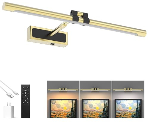 Brass Picture Light for Wall - 21inch Dimmable & Rechargeable Art Light with Single Swing Arm, 25H Light Time, Angle Adjustable, 3 Color Temperatures Timer - Perfect for Paintings and Home Decor