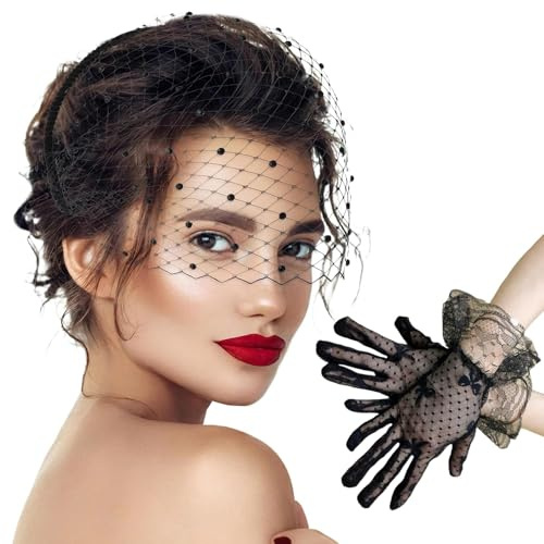 OuryTech Fascinator para damas, traje de carnaval para damas, guantes de encaje negros, diadema con velo de malla estilo jaula de pájaro de los años 20, velo Fascinator para bodas y fiestas de té