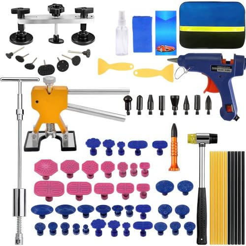 Kryvella 78 Stück Car Dellen Reparaturset, Auto Dellen Reparatur Ausbeulwerkzeug mit Einstellbare Breite Golden Lifter, Gleithammer, Metall Brücken Abzieher für Fahrzeug Dellen Entfernen