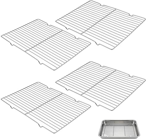 SINJEUN Cooling Rack Set of 4, Stainless Steel Wire Rack Grill Racks for Baking Roasting 29.5 x 22 x 1.5 cm, Cooking Racks for Cake Meat Vegetable, Silver