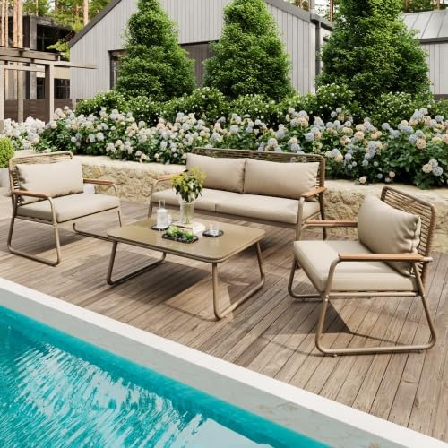 kozamas Gartenmöbel Set für 4 Personen, Luxus Outdoor Lounge-Set mit Doppelsofa & 2 Einzelsofas, wetterfest, gehärtetes Glas, verzinktes Eisen, verstellbare Beine, beige für Balkon & Terrasse