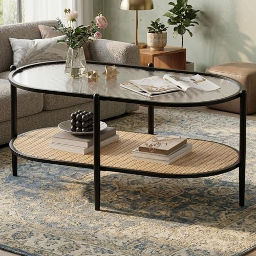 Koioplie Ovaler Couchtisch mit geriffeltem Glas & Rattan, 2 Ebenen, stabiles schwarzes Metallgestell, modern Look für Wohnzimmer & Schlafzimmer, platzsparend