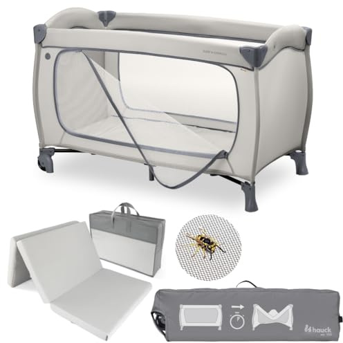 hauck Sleep N Easyfold Baby Reisebett Set- Dark Grey | inkl. Matratze & Insektenschutz | schnell faltbares Kinder Reisebett mit Rollen, Seiteneingang & Transporttasche