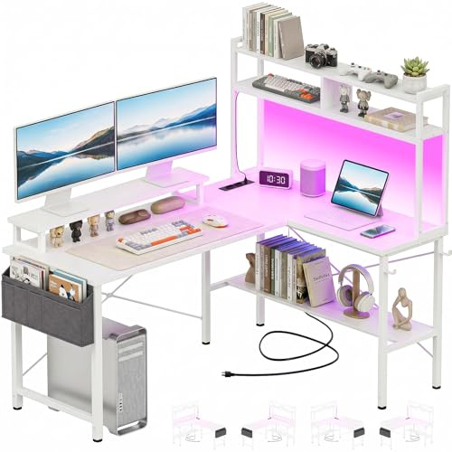 Homieasy Mesa Gaming en L 124cm con LED y Enchufes, Blanco