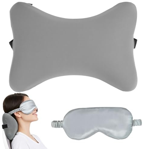 Nackenkissen Sessel Aus Memory Foam - Nackenrolle mit Bezug und Flexiblen Bändern, Bürostuhl Kopfstütze Ergonomisches mit Augenmaske aus Eisseide, Ideal für Reisen, Flugzeuge Züge und Büros (Grau)