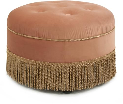 Jennifer Taylor Home Yolanda Upholstered Round Accent Ottoman, Peach Orange Velvet with Gold Trim