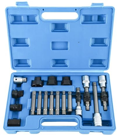 FreeTec 18pcs Alternator Pulley Removal Tool, 1/2 Drive Alternator Clutch Pulley Tool, Alternators Freewheel Pulley Star Spline Socket Bit with 33 Teeth Compatible with VW Audi Vag Fiat