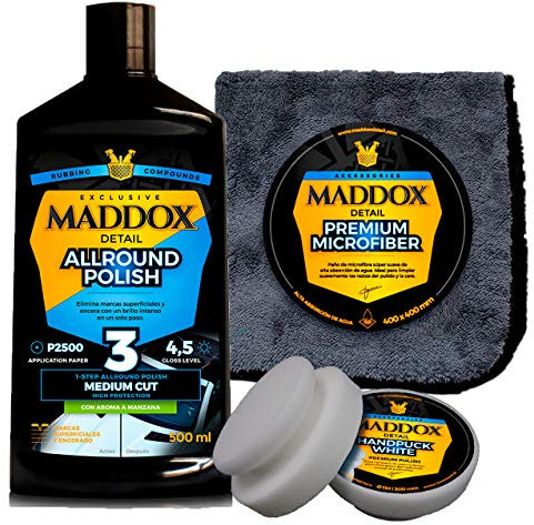 Maddox Detail - Pulidor Coche De Un Solo Paso | Quita Arañazos Coche | Pulimento Coche Arañazos | Kit Limpieza Coche Con Aplicador Handpuck y Microfibra | Pulido Manual | Allround Polish Kit