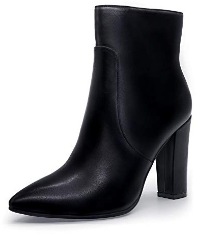 IDIFU Women's Dress Pointed Toe Short Boots Chunky High Heels Side Zipper Ankle Booties (Black Pu, 9)