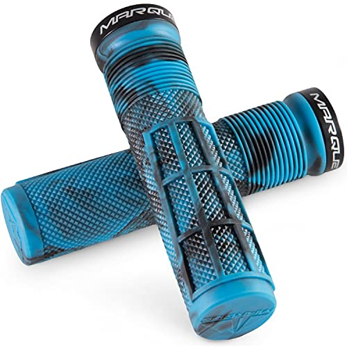 MARQUE Race Mountain Bike Handlebar Grips – Single Lock-On Ring Collar MTB and BMX Bicycle Handle Bar with Non-Slip Grip, Knurly Gritty Pattern and Half Waffle Pattern (Glacier Blue)