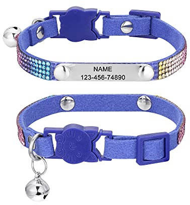 Mogokoyo Katzenhalsband mit Namen und Telefonnummer Personalisiert Strass Katzenhalsband mit Sicherheitsverschluss Glöckchen Verstellbar Halsband für Katze Kitten (XS, Dunkelblau)