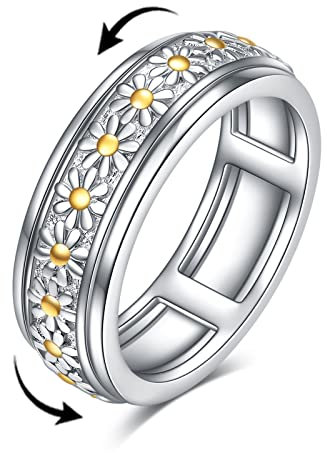 POPLYKE Gänseblümchen Blumen Angst Spinner Ringe Sterling Silber Drehbare Stimmungs Ringe Stress Abbauen Schmuck Geschenke für Frauen (Größe 9)