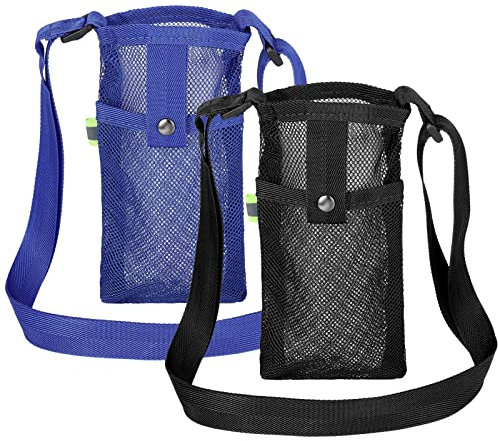 Chutoral 2 Pcs Water Bottle Carrier Bag, Mesh Pouch Holder with Adjustable Strap Nylon Sling Outdoor Accessories for Walking Hiking Travelling Camping, black, navy blue