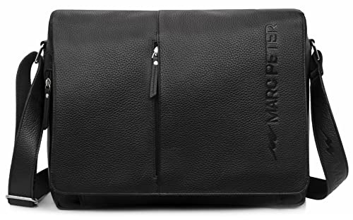 Marc Peter Amsterdam Aktentasche Leder XL Lehrertasche mit Laptopfach 15,6 Zoll große Ledertasche zum Umhängen Trolley aufsteckbar Schwarz Nappa