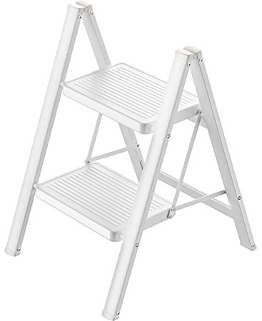 Escabeau pliable à 2 marches en métal pour adultes - Pédale antidérapante - Petite échelle portable - Léger - Pour la maison et le bureau - Blanc
