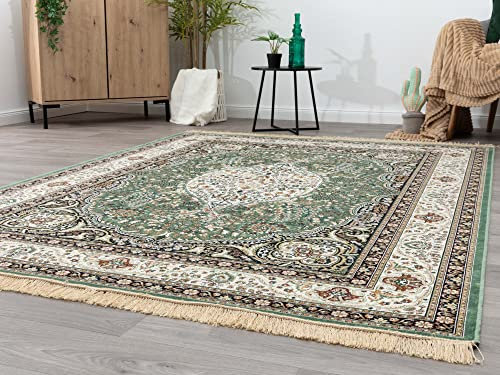 Steffensmeier Kurzflor Teppich Riad | Wohnzimmer | Orient | Pflegeleicht | Kirman Grün, Größe: 67x210 cm
