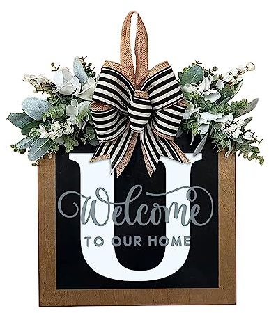 Fouriding 26 Buchstaben Willkommen hölzerne Haustür Dekoration,Willkommen Tür hängende Schild Kranz Home Door Sign Dekoration für Fenster Outdoor Front Door Home Decor (U)