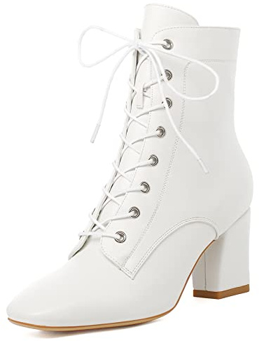 Women's Square Toe Chunky Heels Ankle Boots Lace-Up Victorian Style Block High Heels Short Boots (White,us 9)