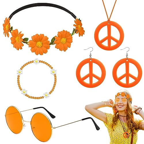 5 Hippie Kostym Tillbehör, Vintage, Glasögon Fredssymbol, Halsband, Örhängen, Huvudband, Armband, Polyester