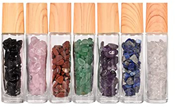 EnMart Botella de Aceite Esencial 10 ml, Botella de Viaje Envases Cosméticos, Gema Roll on Botella, Botellas con Rodillo para Cosméticos Recargables, Chips de Cristal Curativo en el Interior, 7 Pcs