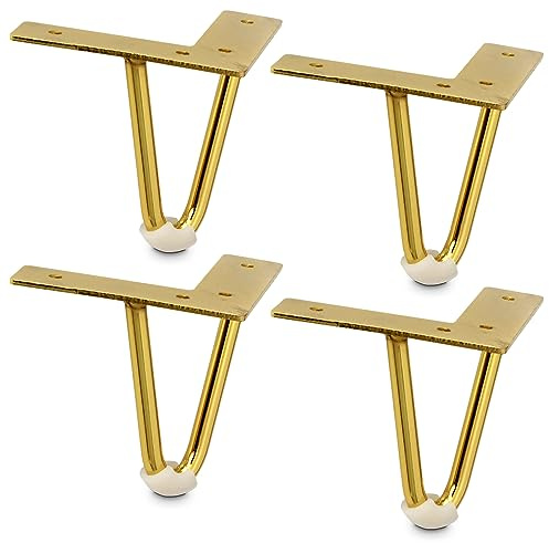 Mavö 4 Stück Möbelbeine Gold Metall - Haarnadelbeine 10 cm / 100 mm Möbelfüße, Tischbeine, Sofabeine, Schrankbeine & Kommodenbeine für Möbel, Lowboard & Schrank, Modell LOKA