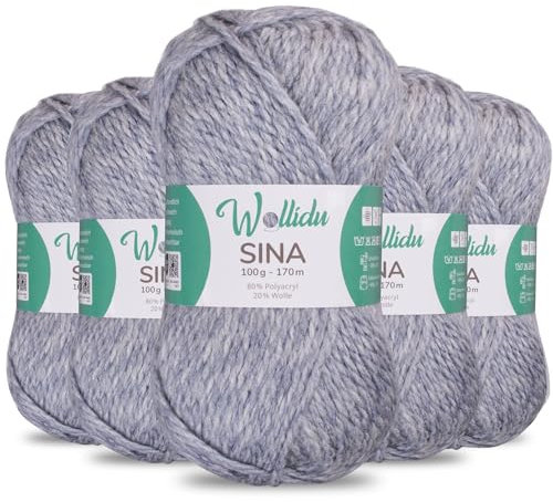 Wollidu Sina Wolle zum Stricken und Häkeln 500g Premium Strickwolle/Häkelwolle Set OEKO-TEX zertifiziert 5 x 100g/170m 80% Polyacryl 20% Schafwolle mulesing-frei - Jeans Blau Melange