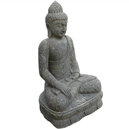 Teako Design Stonox Basanit Steinfigur Buddha Rourkela mit Erdberührung, Gartendeko für draußen Wetterfest, Mystische Gartenfiguren, Figur für Gartenbereich geeignet (120 x 52 x 75 cm)