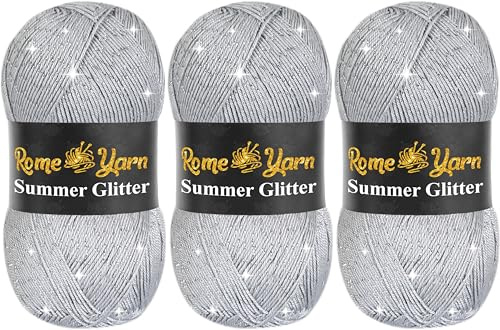 Rome Yarn Summer Glitter | 3 x 100g | Sommer Glitzer Garn | Seideneffekt | Anti-Pilling Metallic-Wolle | Acrylgarn Simli Wolle | Glitzerwolle (941 Grau)