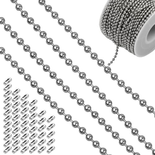 20 Metri Catenina a Sfere in Acciaio Inossidabile per Collane, 2,4mm Argento Catenine in Rilievo Rullo di Estensione con 50 Connettore, Catenina di Perline per DIY Portachiavi Braccialetto Gioielli