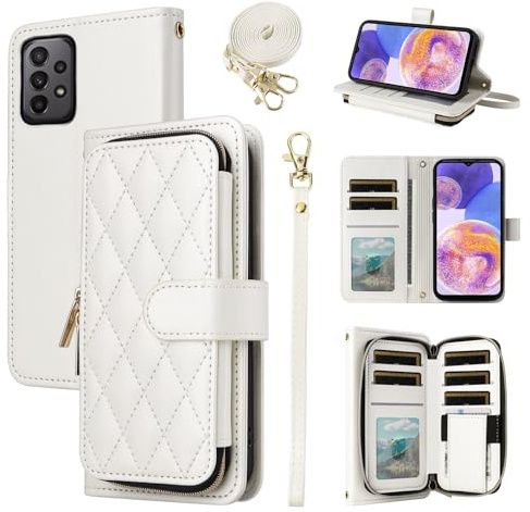 ELISORLI Wallet Case for Samsung Galaxy A23 5G/4G with Detachable Wrist Strap,Crossbody Shoulder Strap,9+ Card Slots Zipper Purse,Luxury PU Leather Stand Cell Phone Cover for A 23 23A 6.6 Girls White