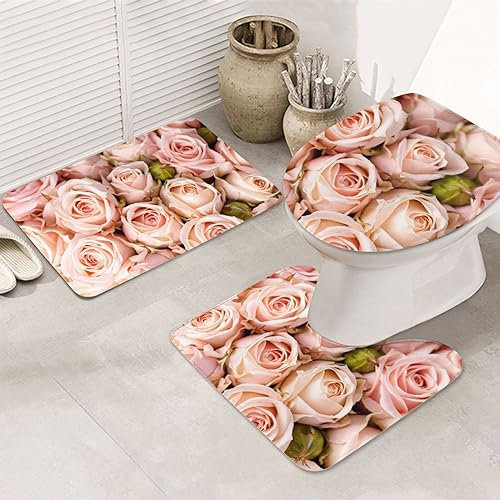 Badematten-Set mit rosa Rosen, bedruckt, Flanell, rutschfest, 3 Stück, 80 x 50 cm, Badematte + U-förmiger WC-Vorleger + O-förmiger Toilettensitzbezug