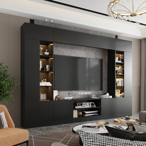 WOODTIME 114 Large Wall Unit Entertainment Center with Bookshelves, Lights and 18 Shelves, Modern 4-Piece TV Stand Media Console Table with Bridge Cabinet for Living Room & Home Theater, Black