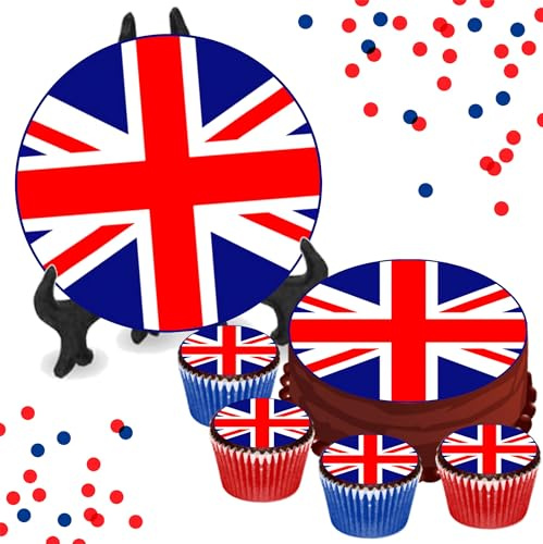 Union Jack Flag 8 INCH Cake or Cupcake Icing Toppers - Birthday Celebration Cake Decorations Perfect For Cakes Brownies Cookies Muffins & More! (1 x 8 Inch Circle Cake Topper (20.3cm x 20.3cm))
