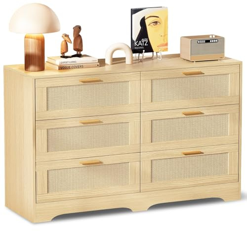 Generisch Rattan Kommode, Tv Schrank Vintage, Große Kommode Sideboard, Komode Schrank mit 6 Schubladen， Komodenschrank für Schlafzimmer, Wohnzimmer, Eingang, 120x40x77 cm (Natürlich)