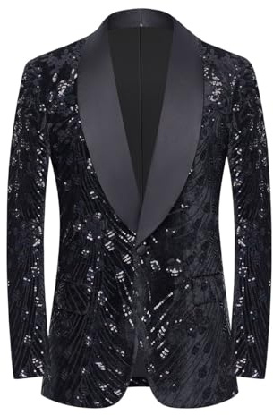 CARFFIV Men's Sequins Velvet Stage Party Prom Wedding Dinner Symmetry Suit Jacket Blaze,Black,L