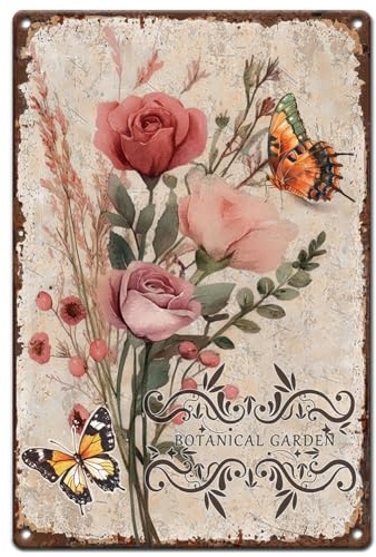 Hobbspring 1pc Vintage Metal Tin Sign 20x30cm Retro Iron Pink Flower Sign Rusty Look Botanical Garden Flower Tin Poster for Home Country Farmhouse Garden Kitchen Wall Decor