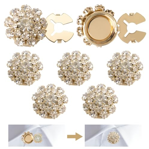 URROMA Cubierta de Botón de Diamantes de Imitación, 6 Piezas Cubierta de Botón de Cristal Dorado Clips de Botón de Camisa Desmontables Botones de Cristal Elegantes para Vestido Traje