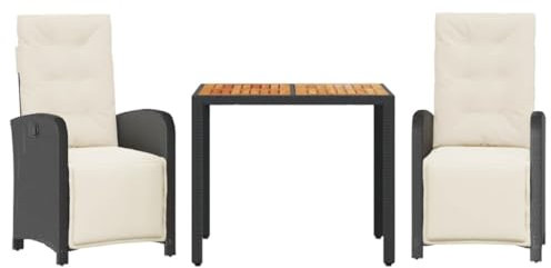 Eleganz 3-TLG. Bistro-Set Schwarz PE-Rattan mit Kissen, pulverbeschichteter Stahl, Gartenmöbel für Terrasse & Balkon, langlebig & wetterfest
