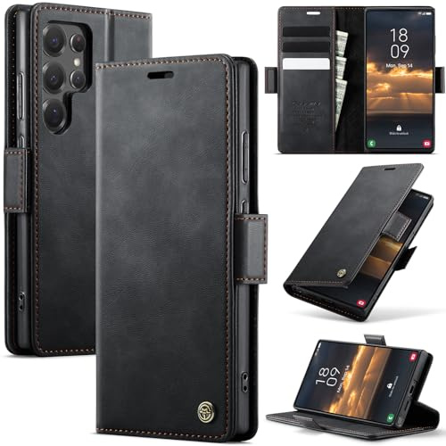 Cracedily Handyhülle für Samsung Galaxy S22 Ultra Hülle Premium PU Leder Klappbar Stoßfeste Tasche Flip Case RFID Blocker Magnet Kartenfach Standfunktion Klapphülle Schutzhülle für S22 Ultra, Schwarz