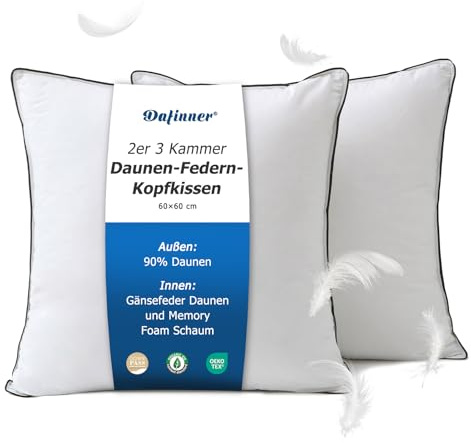 Dafinner 3 cámaras Almohada 60 × 60 cm-2 Unidades, 90% plumón cámaras ext. Mezcla Plumas INT., Oeko-Tex Downpass Soporte Medio Funda algodón orgánico